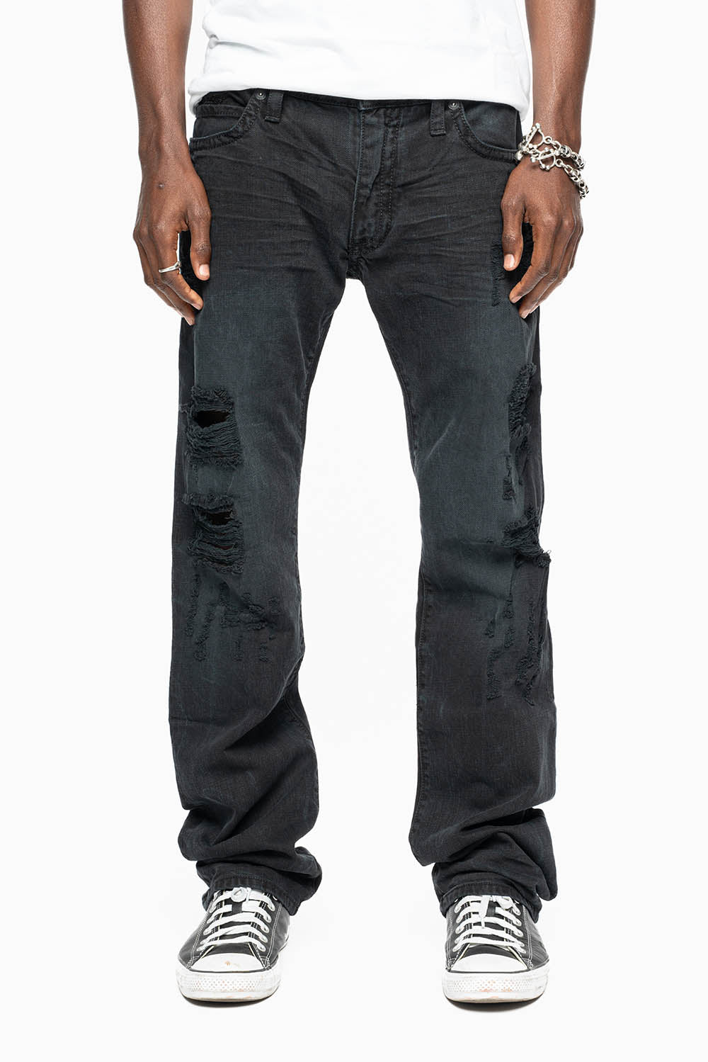 ROBIN'S STRAIGHT LEG JEANS IN VINTAGE BLACK BROKEN WASH WITH FULL EMBELLISHED BACK POCKETS WITH  CRYSTALS