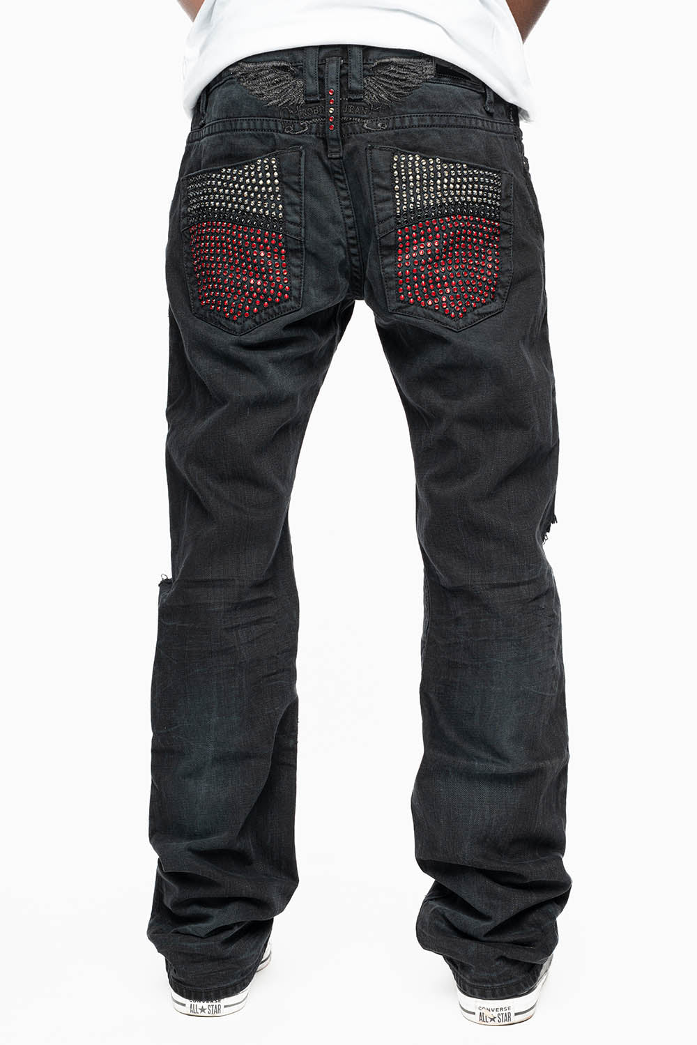 ROBIN'S STRAIGHT LEG JEANS IN VINTAGE BLACK BROKEN WASH WITH FULL EMBELLISHED BACK POCKETS WITH  CRYSTALS