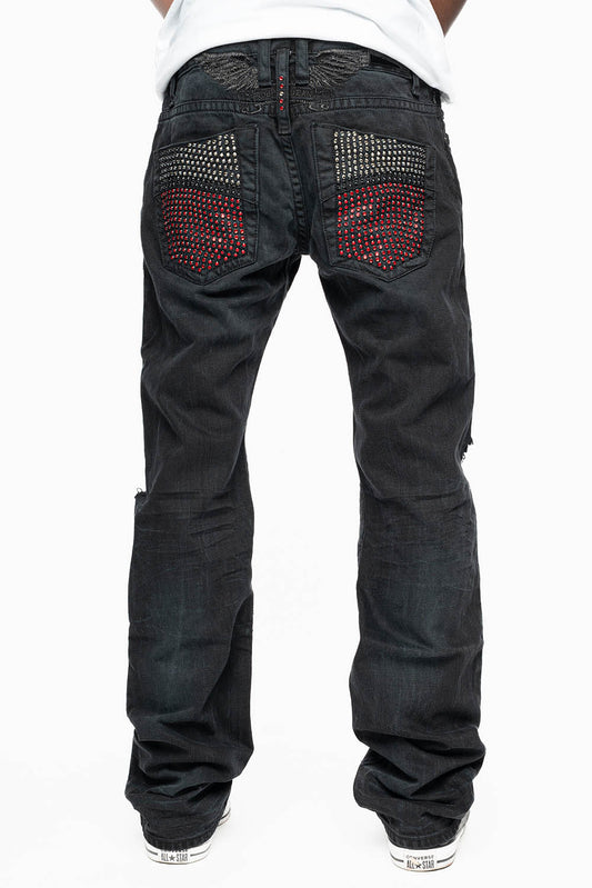 ROBIN'S STRAIGHT LEG JEANS IN VINTAGE BLACK BROKEN WASH WITH FULL EMBELLISHED BACK POCKETS WITH  CRYSTALS