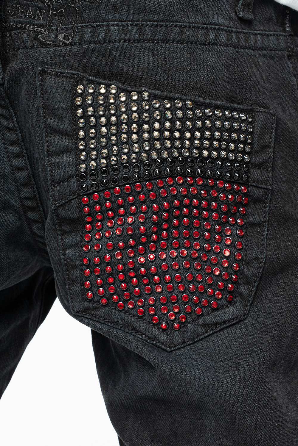 ROBIN'S STRAIGHT LEG JEANS IN VINTAGE BLACK BROKEN WASH WITH FULL EMBELLISHED BACK POCKETS WITH  CRYSTALS