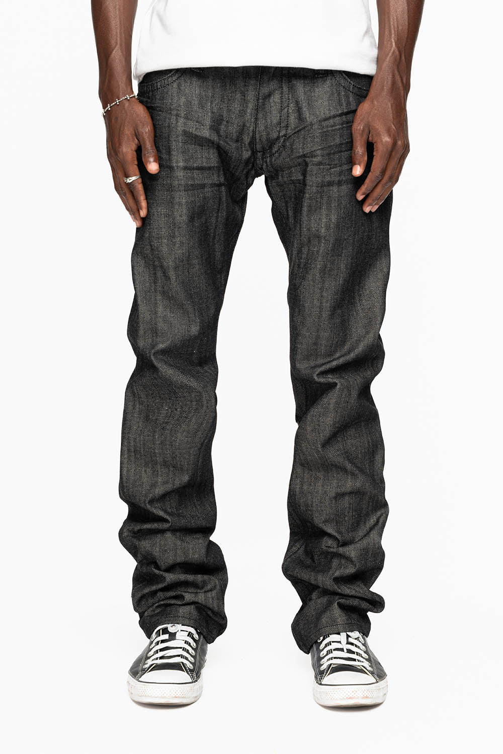 ROBIN’S 5 POCKET STRAIGHT LEG JEANS IN RAW BLK DENIM WITH CRYSTALS