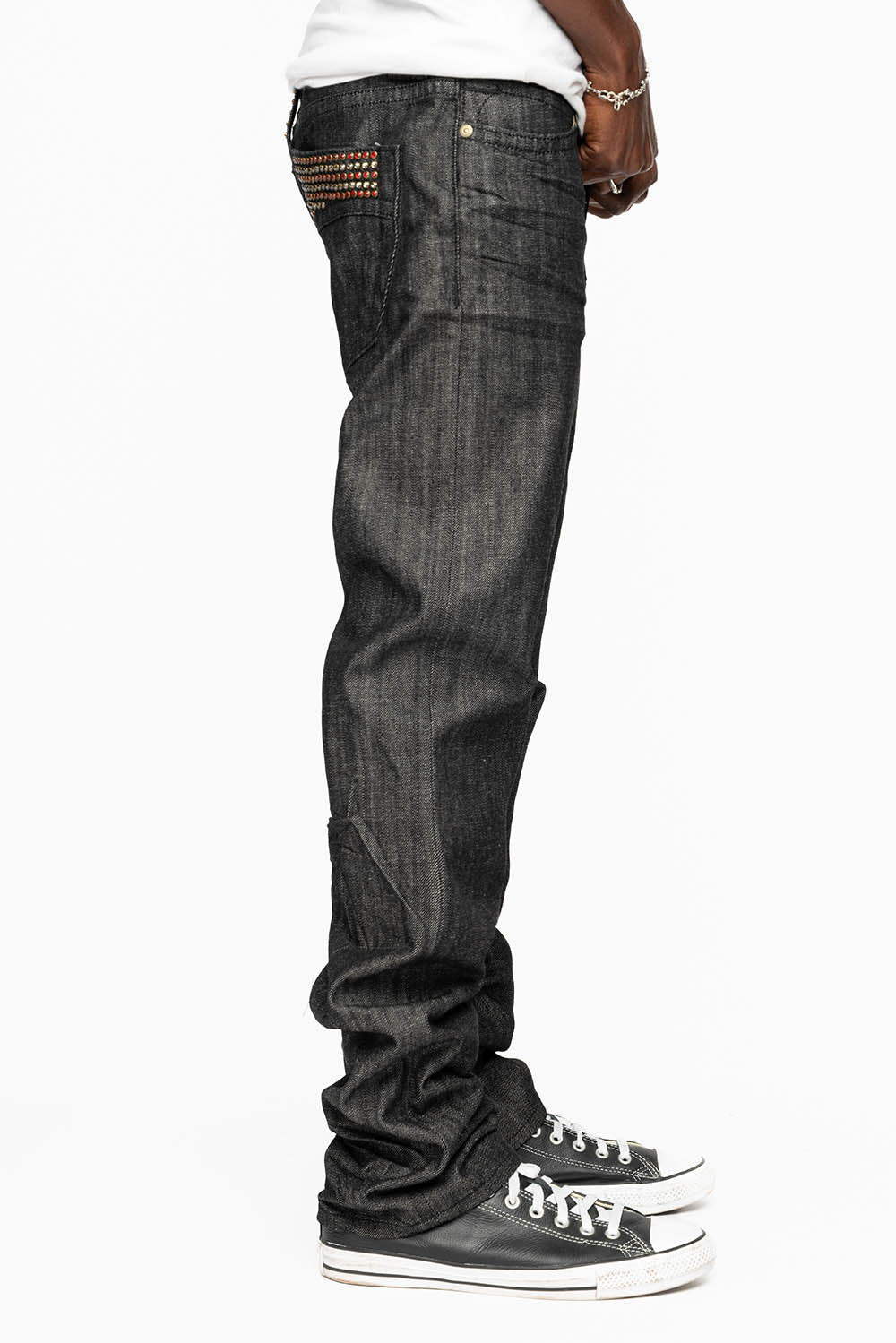 ROBIN’S 5 POCKET STRAIGHT LEG JEANS IN RAW BLK DENIM WITH CRYSTALS