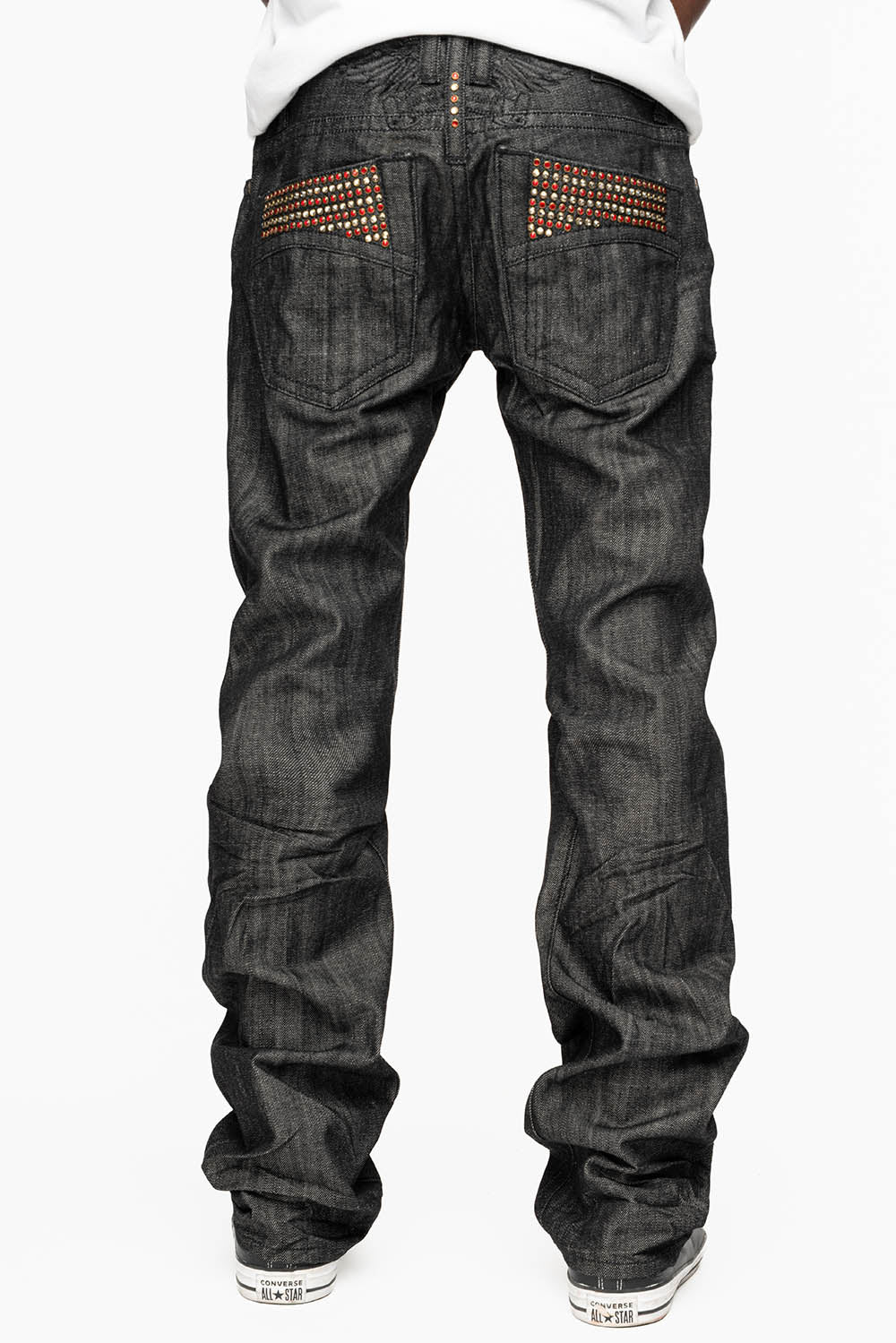 ROBIN’S 5 POCKET STRAIGHT LEG JEANS IN RAW BLK DENIM WITH CRYSTALS