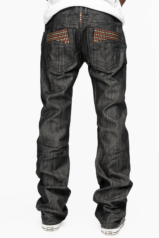 ROBIN’S 5 POCKET STRAIGHT LEG JEANS IN RAW BLK DENIM WITH CRYSTALS
