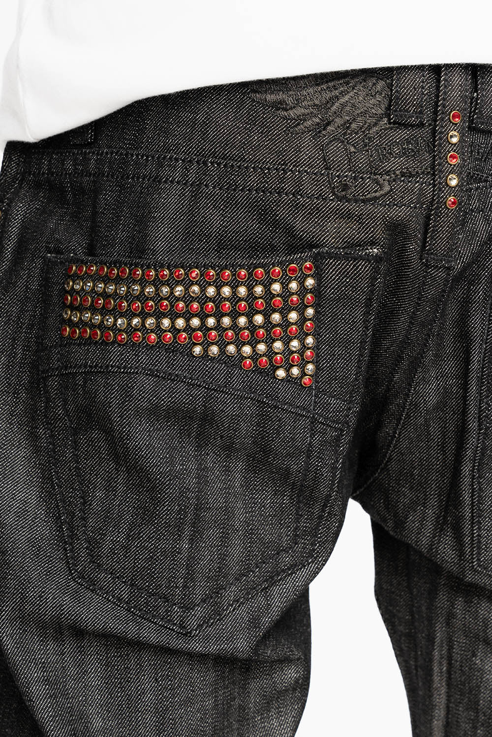 ROBIN’S 5 POCKET STRAIGHT LEG JEANS IN RAW BLK DENIM WITH CRYSTALS