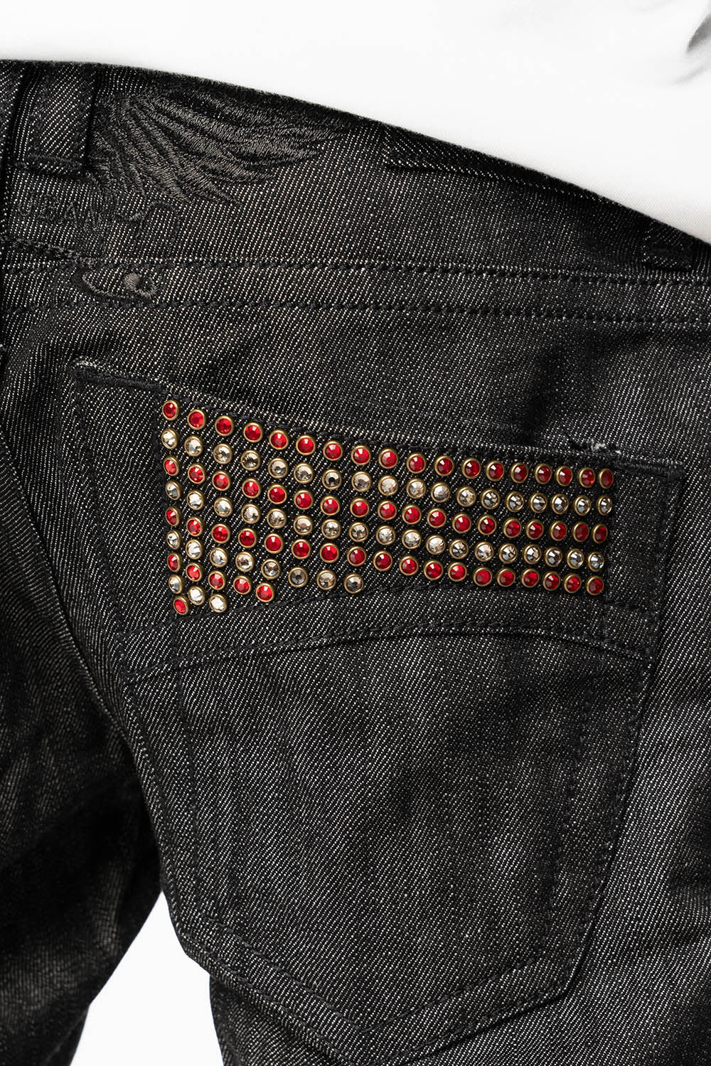 ROBIN’S 5 POCKET STRAIGHT LEG JEANS IN RAW BLK DENIM WITH CRYSTALS