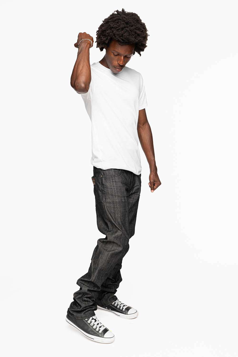 ROBIN’S 5 POCKET STRAIGHT LEG JEANS IN RAW BLK DENIM WITH CRYSTALS