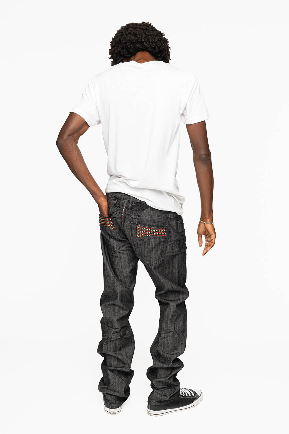 ROBIN’S 5 POCKET STRAIGHT LEG JEANS IN RAW BLK DENIM WITH CRYSTALS