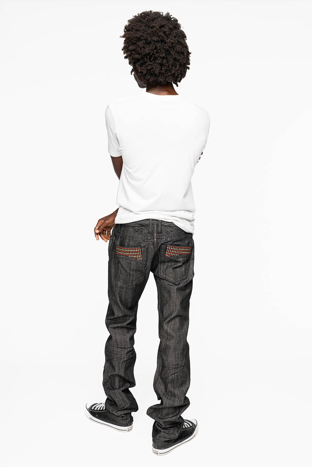 ROBIN’S 5 POCKET STRAIGHT LEG JEANS IN RAW BLK DENIM WITH CRYSTALS