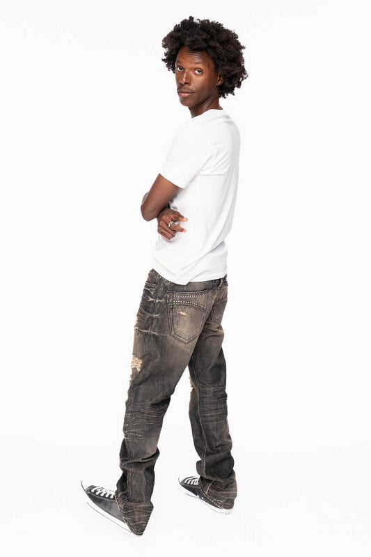 LIMITED EDITION STRAIGHT LEG  JEANS IN CHARCOAL MODOC BROKEN WASH WITH CRYSTALS AND  NAILHEAD