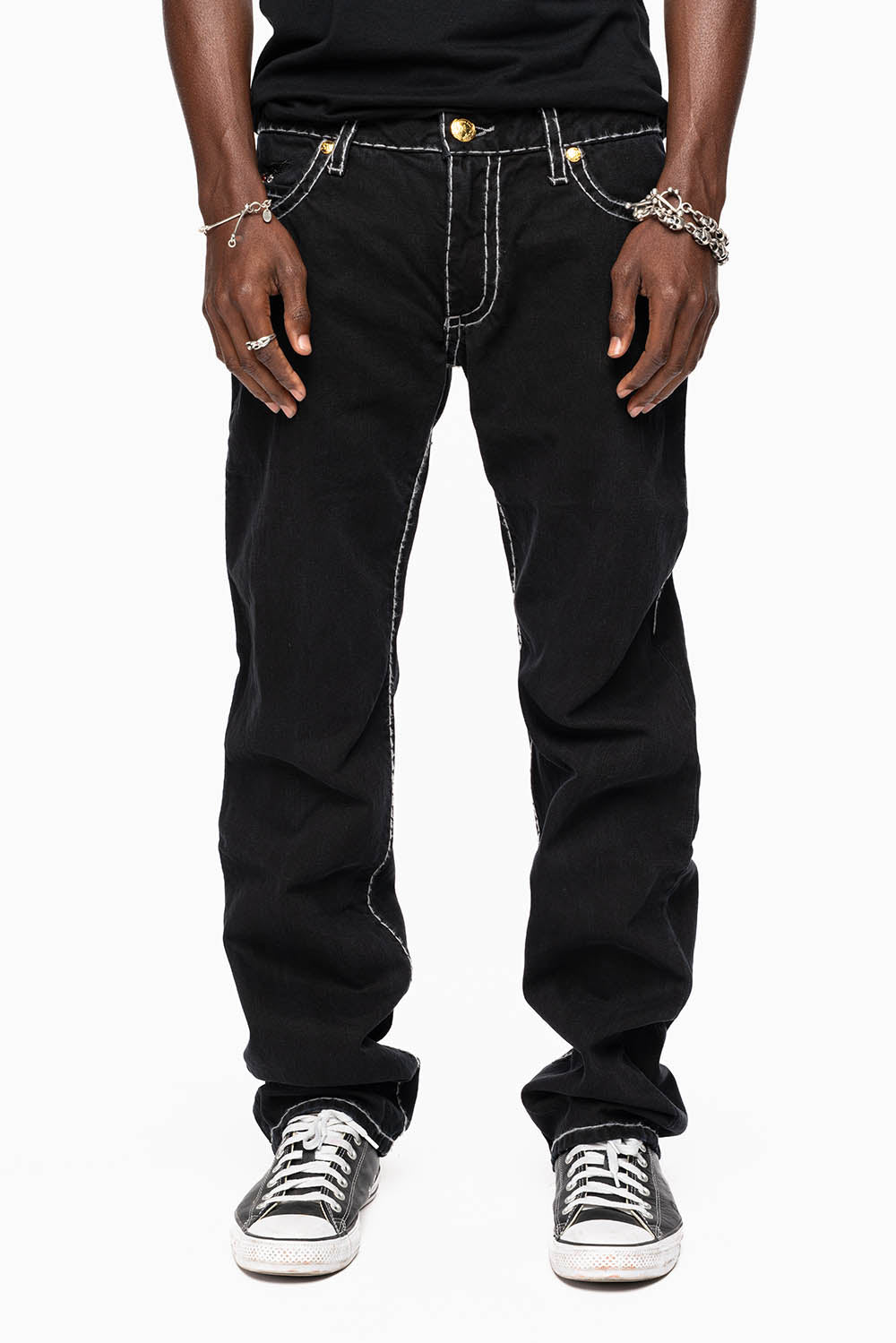 HEAVY STITCH JEANS IN PURE BLACK WITH WHITE CONTRAST EMBELLISHED WITH MULTI-COLOR CRYSTALS