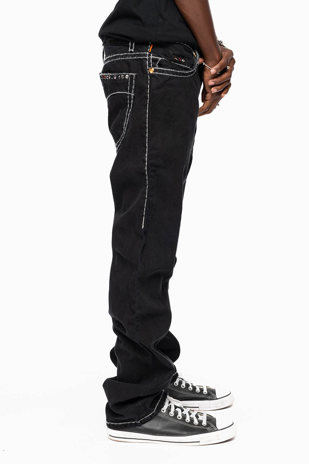 HEAVY STITCH JEANS IN PURE BLACK WITH WHITE CONTRAST EMBELLISHED WITH MULTI-COLOR CRYSTALS