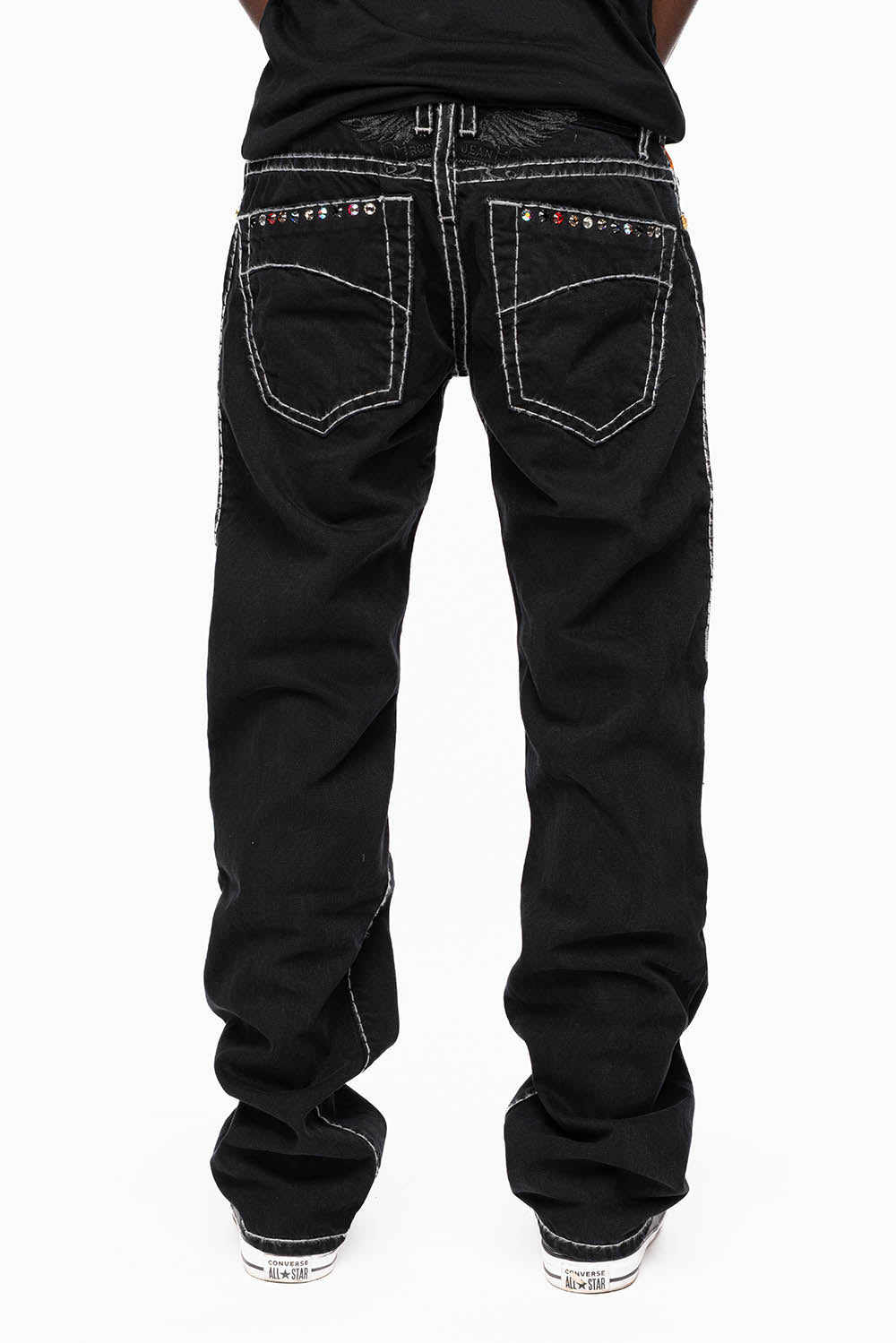 HEAVY STITCH JEANS IN PURE BLACK WITH WHITE CONTRAST EMBELLISHED WITH MULTI-COLOR CRYSTALS