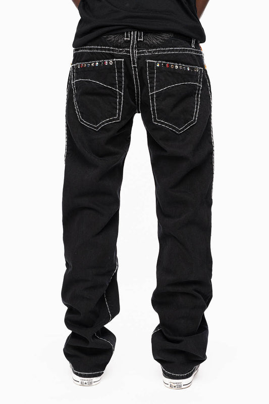 HEAVY STITCH JEANS IN PURE BLACK WITH WHITE CONTRAST EMBELLISHED WITH MULTI-COLOR CRYSTALS