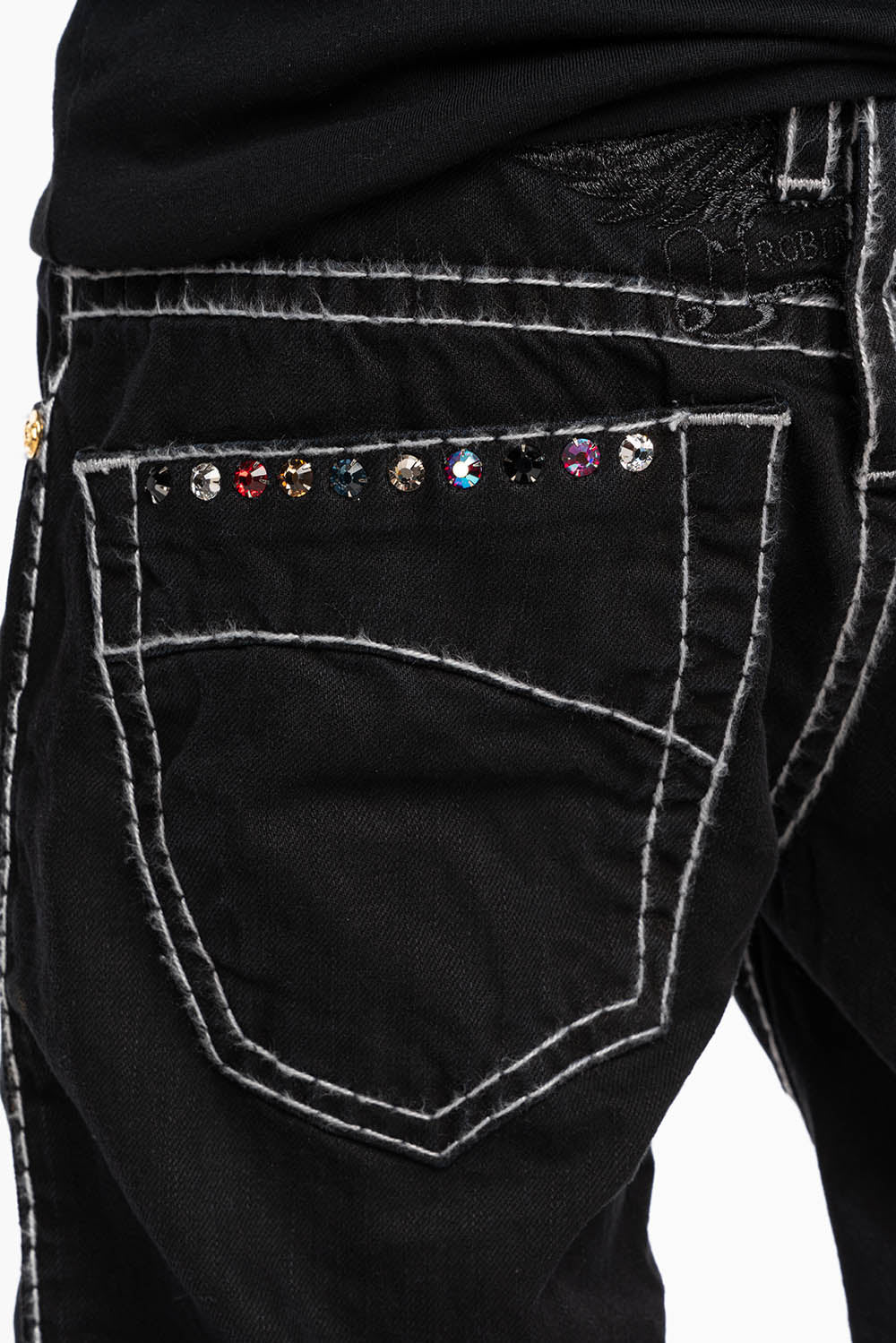 HEAVY STITCH JEANS IN PURE BLACK WITH WHITE CONTRAST EMBELLISHED WITH MULTI-COLOR CRYSTALS