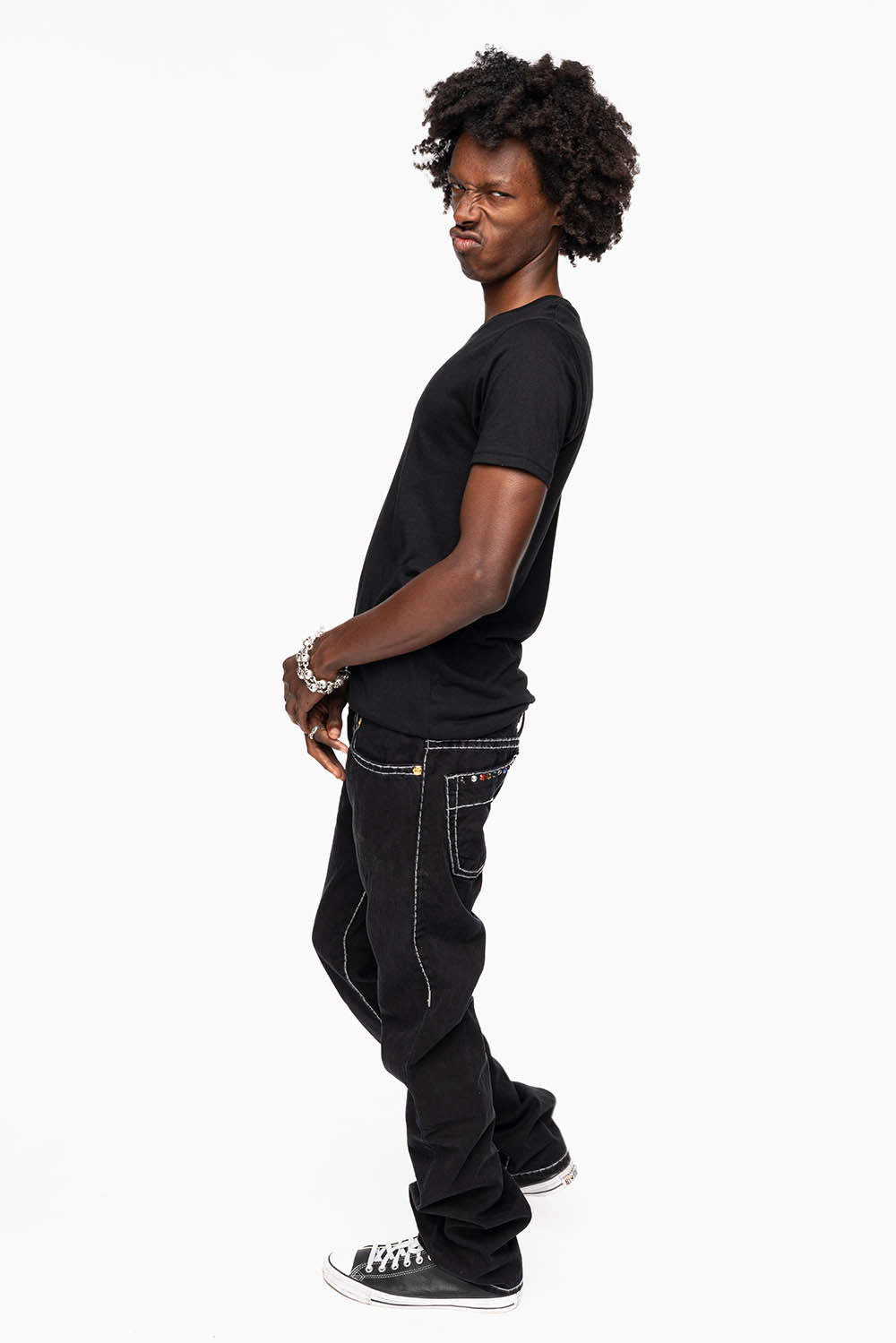 HEAVY STITCH JEANS IN PURE BLACK WITH WHITE CONTRAST EMBELLISHED WITH MULTI-COLOR CRYSTALS