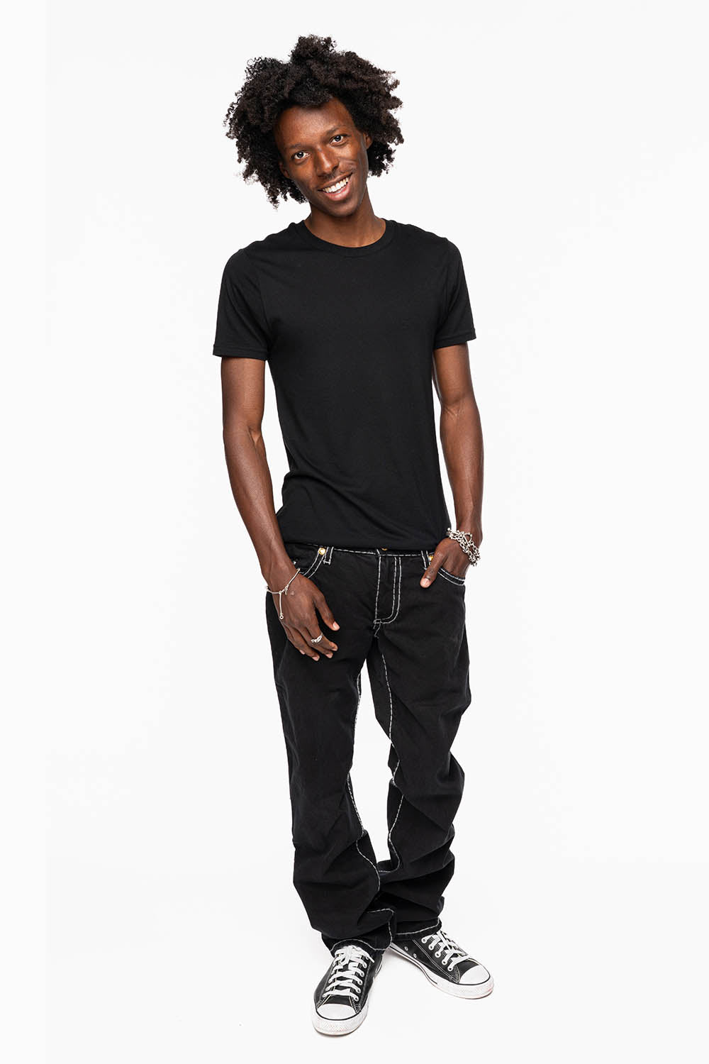 HEAVY STITCH JEANS IN PURE BLACK WITH WHITE CONTRAST EMBELLISHED WITH MULTI-COLOR CRYSTALS