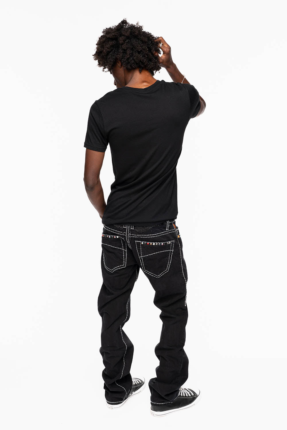 HEAVY STITCH JEANS IN PURE BLACK WITH WHITE CONTRAST EMBELLISHED WITH MULTI-COLOR CRYSTALS