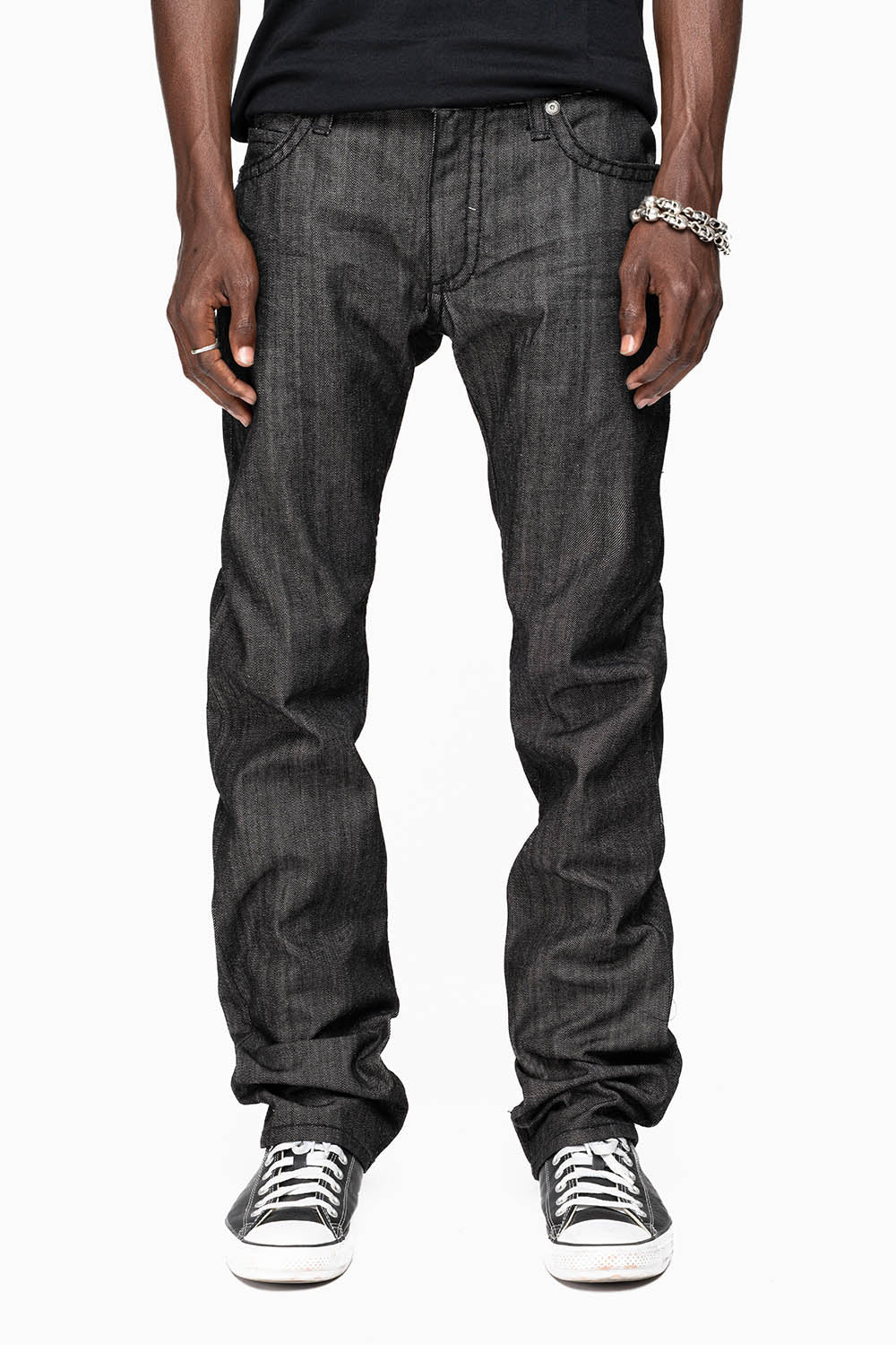 ROBIN’S  5 POCKET STRAIGHT LEG JEANS IN RAW BLK DENIM  HEAVY BLACK STITCHING WITH CRYSTALS