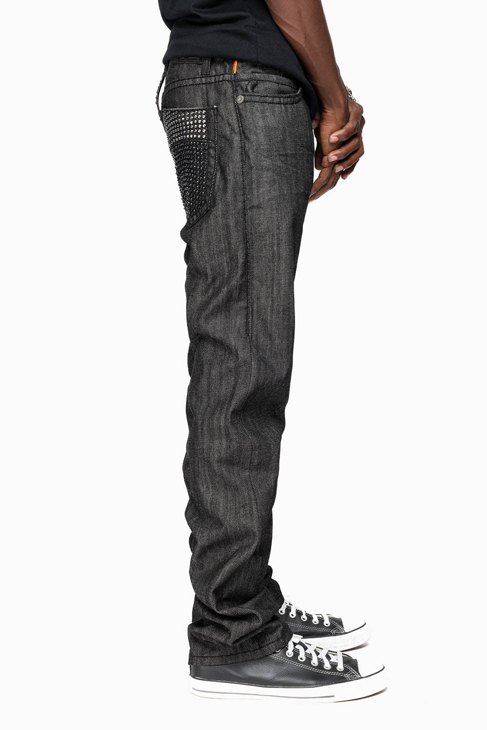 ROBIN’S  5 POCKET STRAIGHT LEG JEANS IN RAW BLK DENIM  HEAVY BLACK STITCHING WITH CRYSTALS