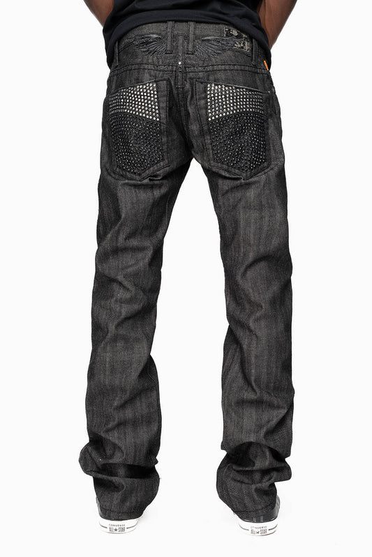 ROBIN’S  5 POCKET STRAIGHT LEG JEANS IN RAW BLK DENIM  HEAVY BLACK STITCHING WITH CRYSTALS