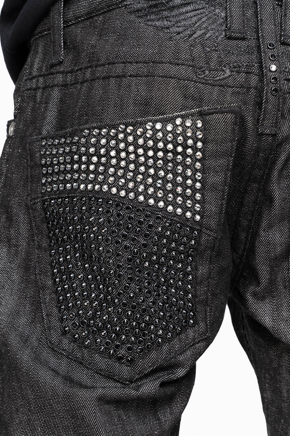 ROBIN’S  5 POCKET STRAIGHT LEG JEANS IN RAW BLK DENIM  HEAVY BLACK STITCHING WITH CRYSTALS