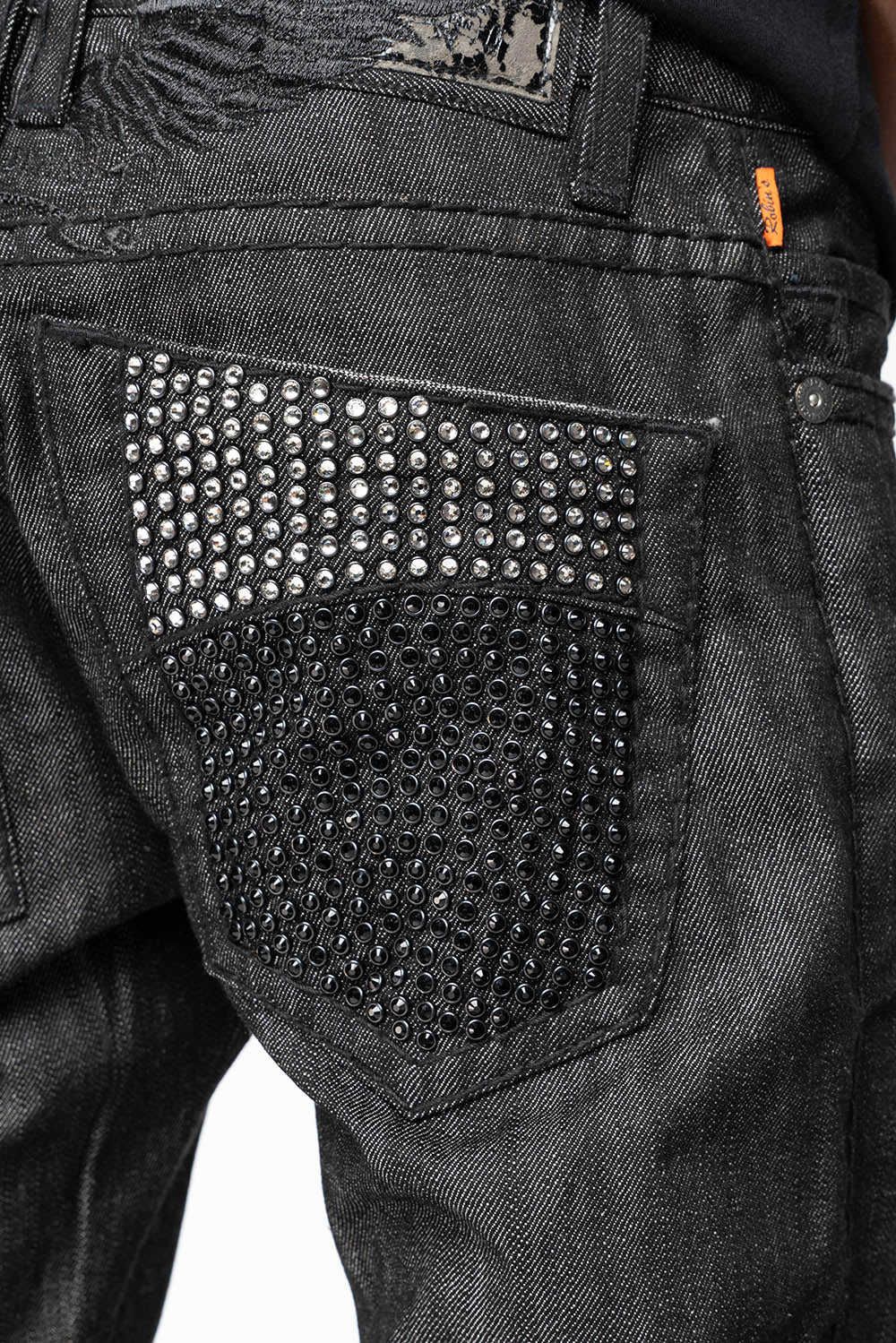 ROBIN’S  5 POCKET STRAIGHT LEG JEANS IN RAW BLK DENIM  HEAVY BLACK STITCHING WITH CRYSTALS