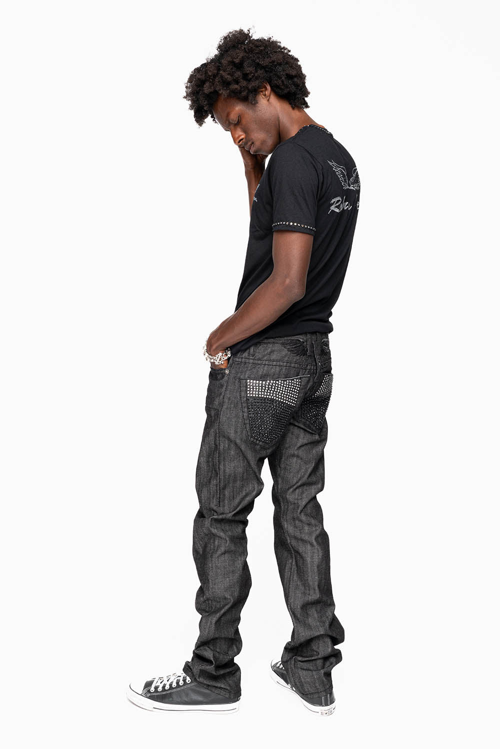 ROBIN’S  5 POCKET STRAIGHT LEG JEANS IN RAW BLK DENIM  HEAVY BLACK STITCHING WITH CRYSTALS