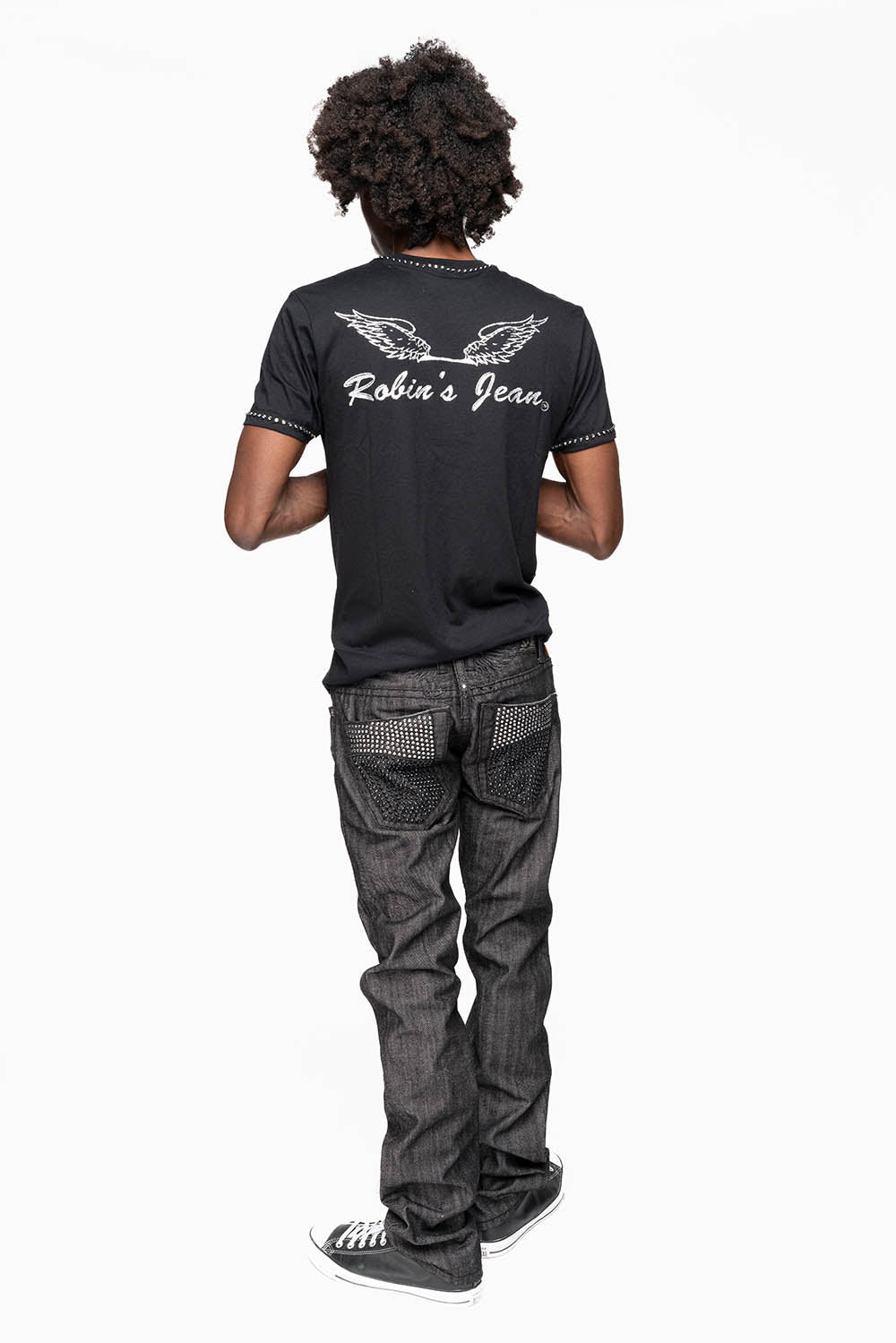 ROBIN’S  5 POCKET STRAIGHT LEG JEANS IN RAW BLK DENIM  HEAVY BLACK STITCHING WITH CRYSTALS