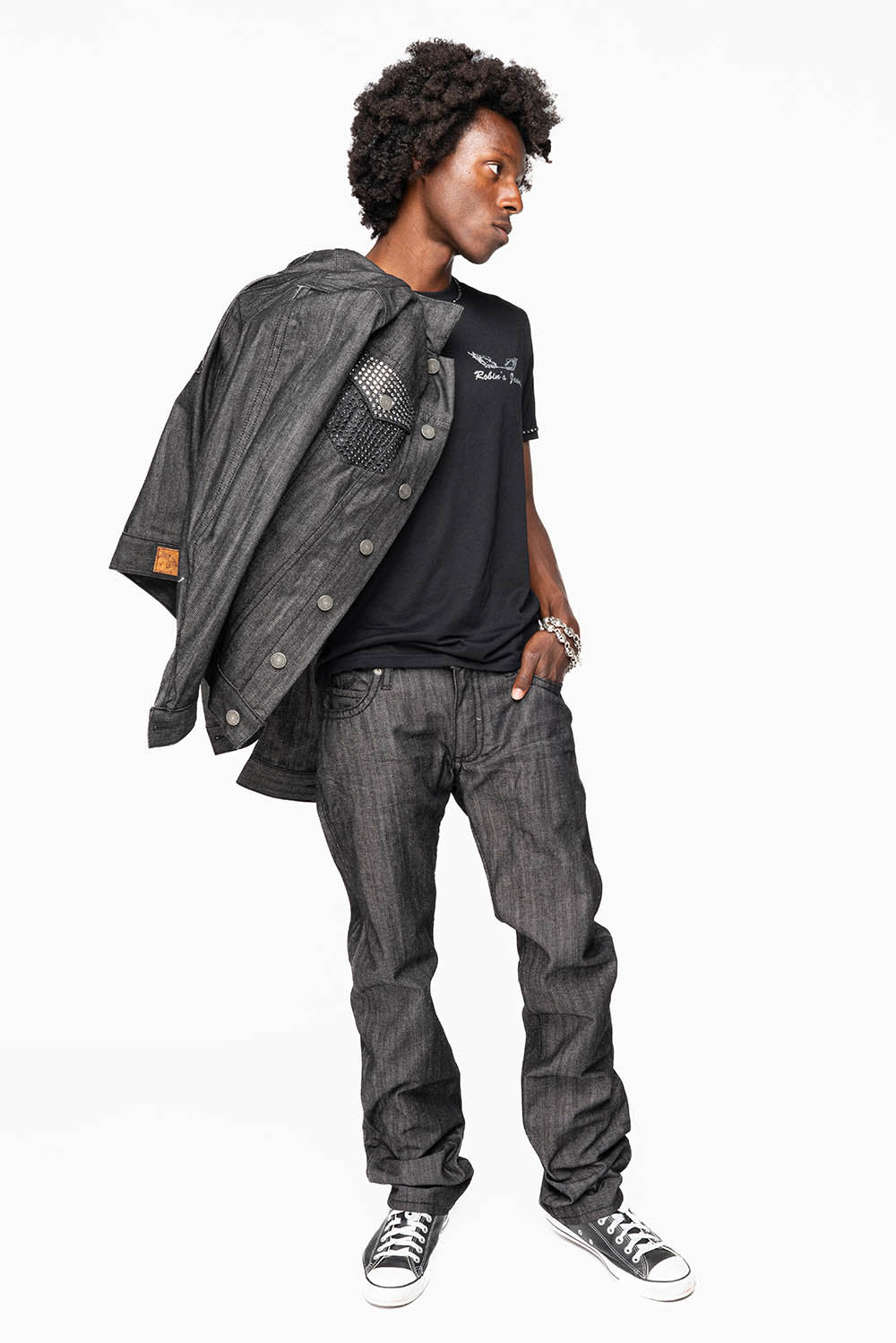 ROBIN’S  5 POCKET STRAIGHT LEG JEANS IN RAW BLK DENIM  HEAVY BLACK STITCHING WITH CRYSTALS