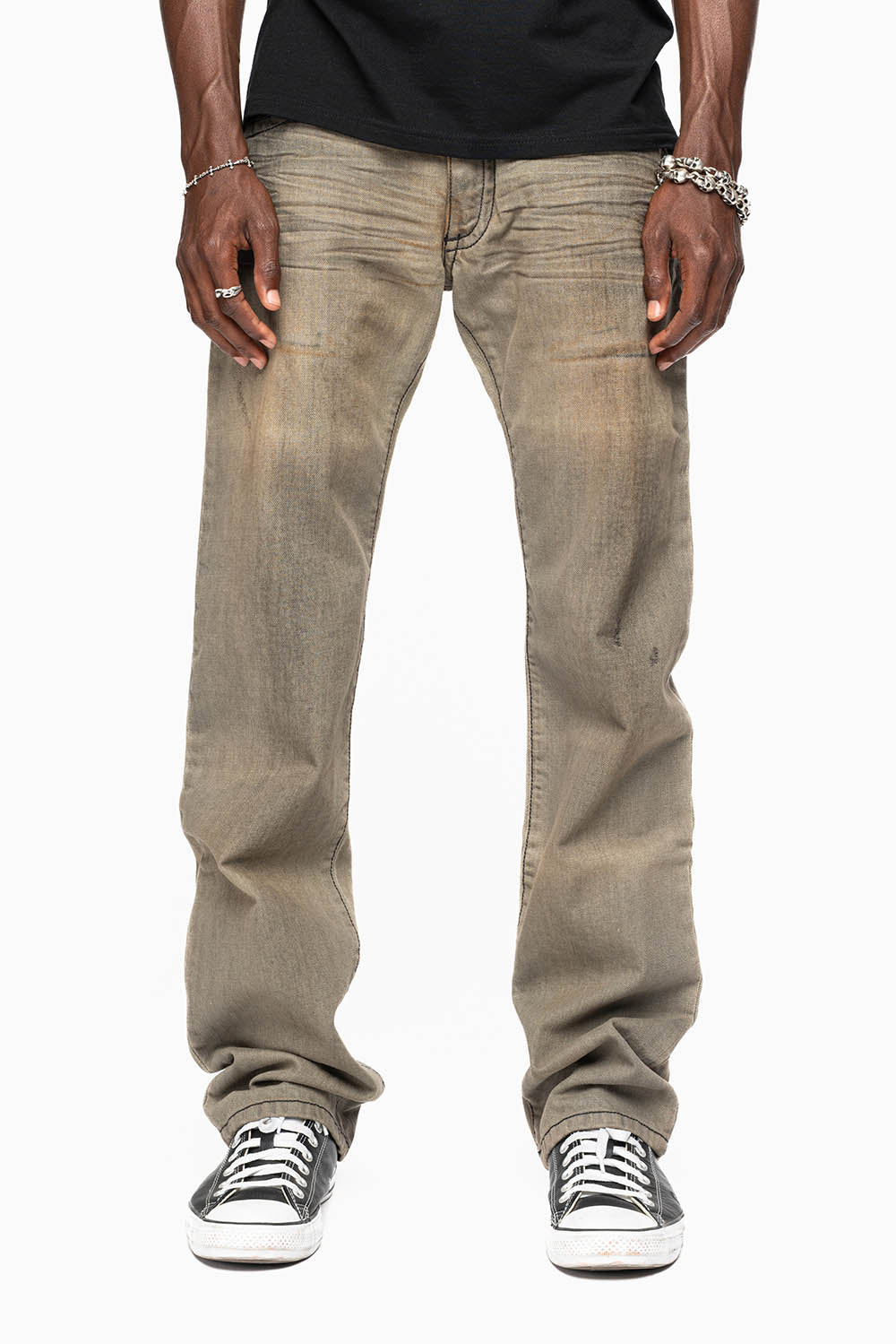 MENS LONG FLAP GARAGE WASH JEANS  EMBELLISHED WITH CRYSTALS