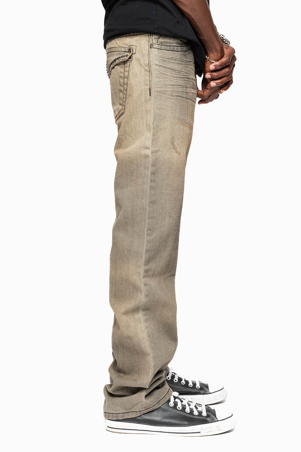 MENS LONG FLAP GARAGE WASH JEANS  EMBELLISHED WITH CRYSTALS