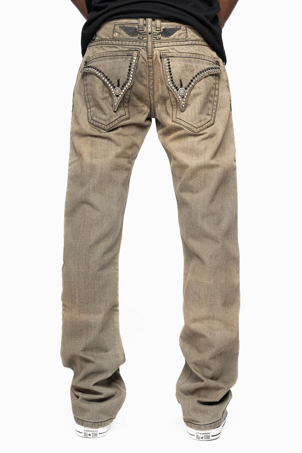 MENS LONG FLAP GARAGE WASH JEANS  EMBELLISHED WITH CRYSTALS