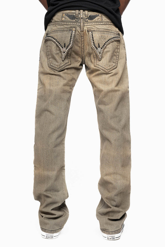 MENS LONG FLAP GARAGE WASH JEANS  EMBELLISHED WITH CRYSTALS