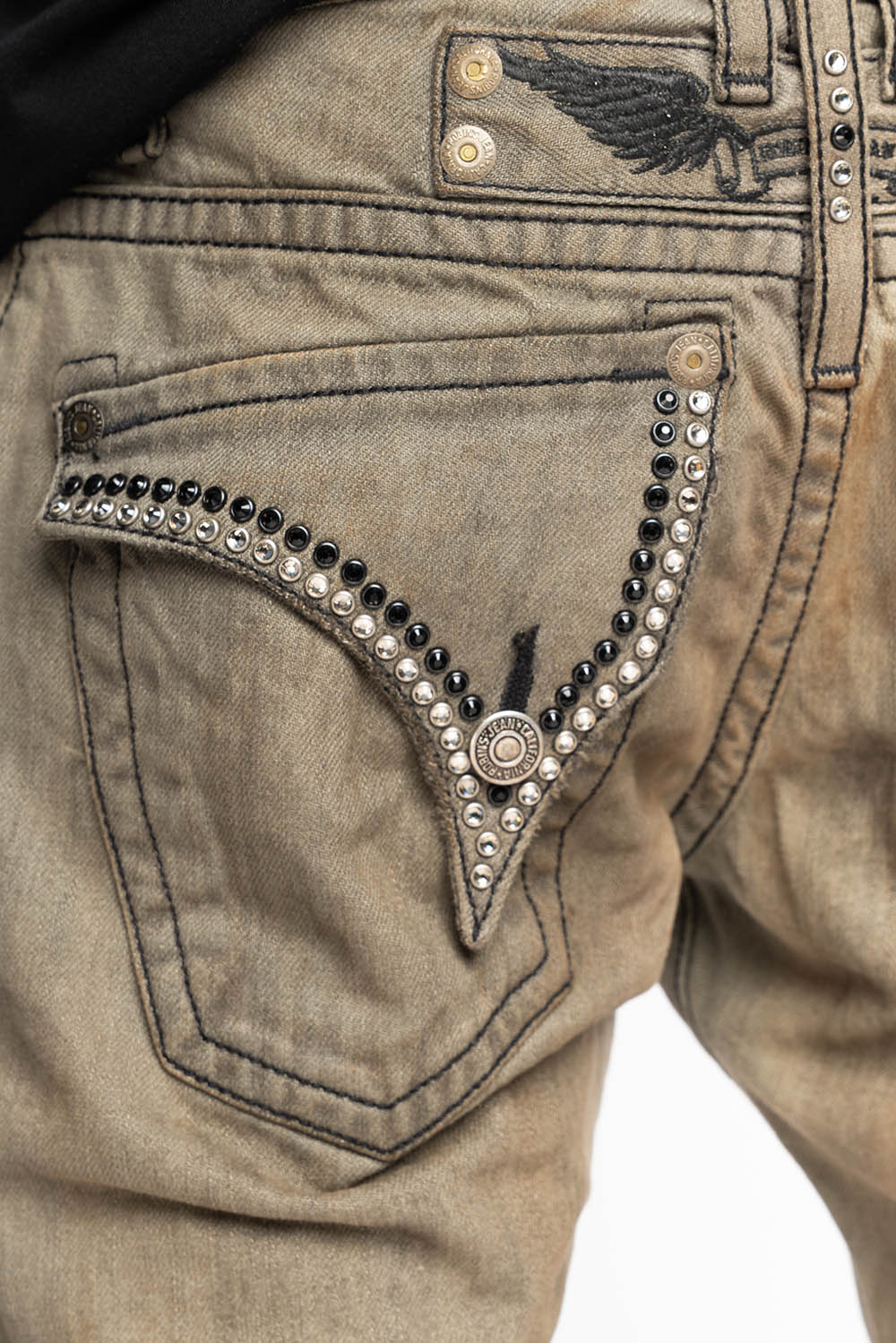 MENS LONG FLAP GARAGE WASH JEANS  EMBELLISHED WITH CRYSTALS