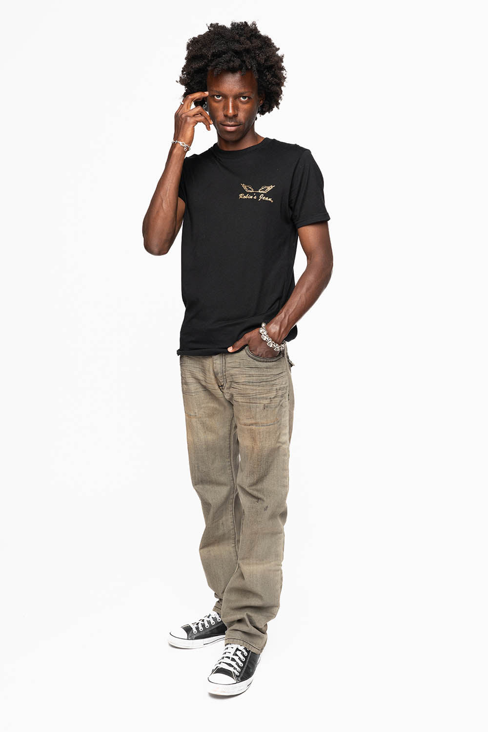 MENS LONG FLAP GARAGE WASH JEANS  EMBELLISHED WITH CRYSTALS