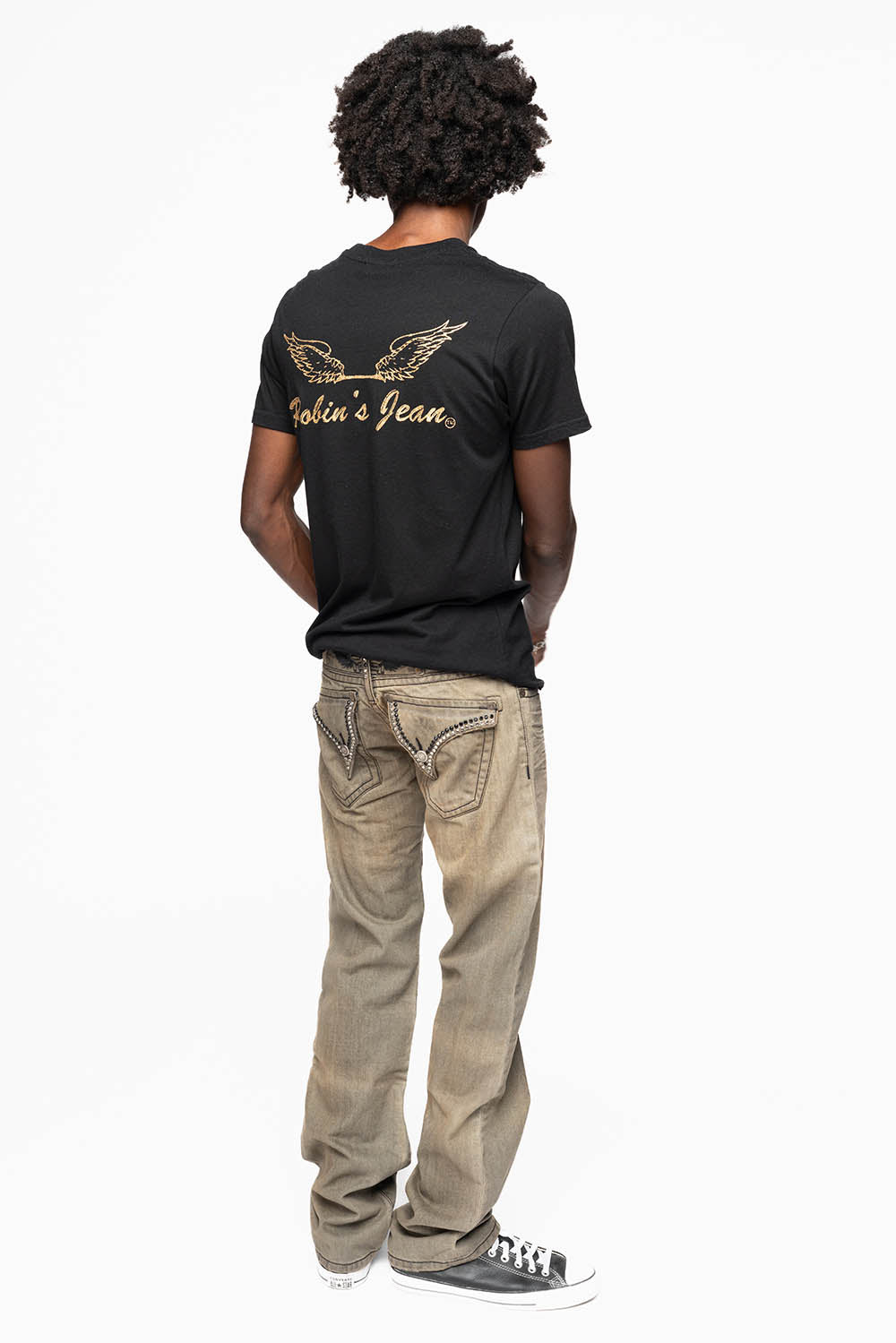 MENS LONG FLAP GARAGE WASH JEANS  EMBELLISHED WITH CRYSTALS