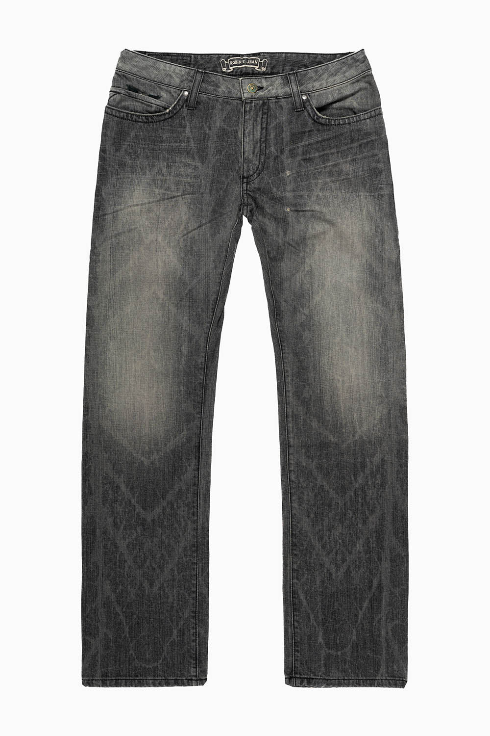 LONG FLAP STRAIGHT LEG JEANS WITH CRYSTALS  IN AZTECA CHARCOAL WASH