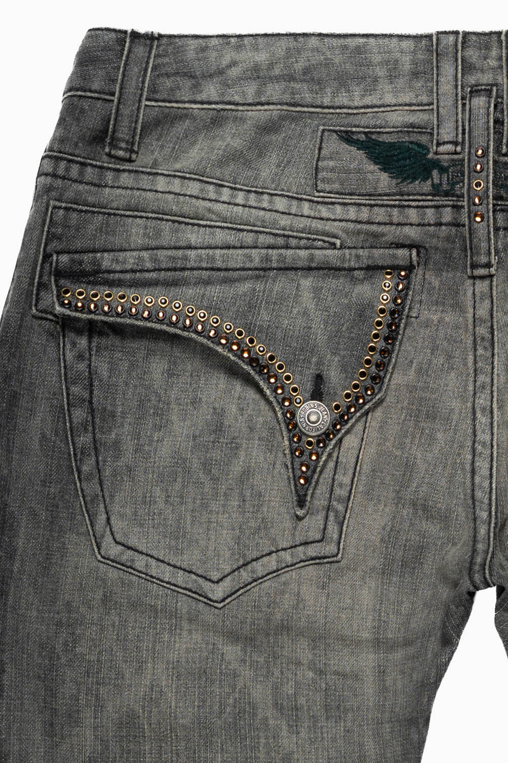 LONG FLAP STRAIGHT LEG JEANS WITH CRYSTALS  IN AZTECA CHARCOAL WASH