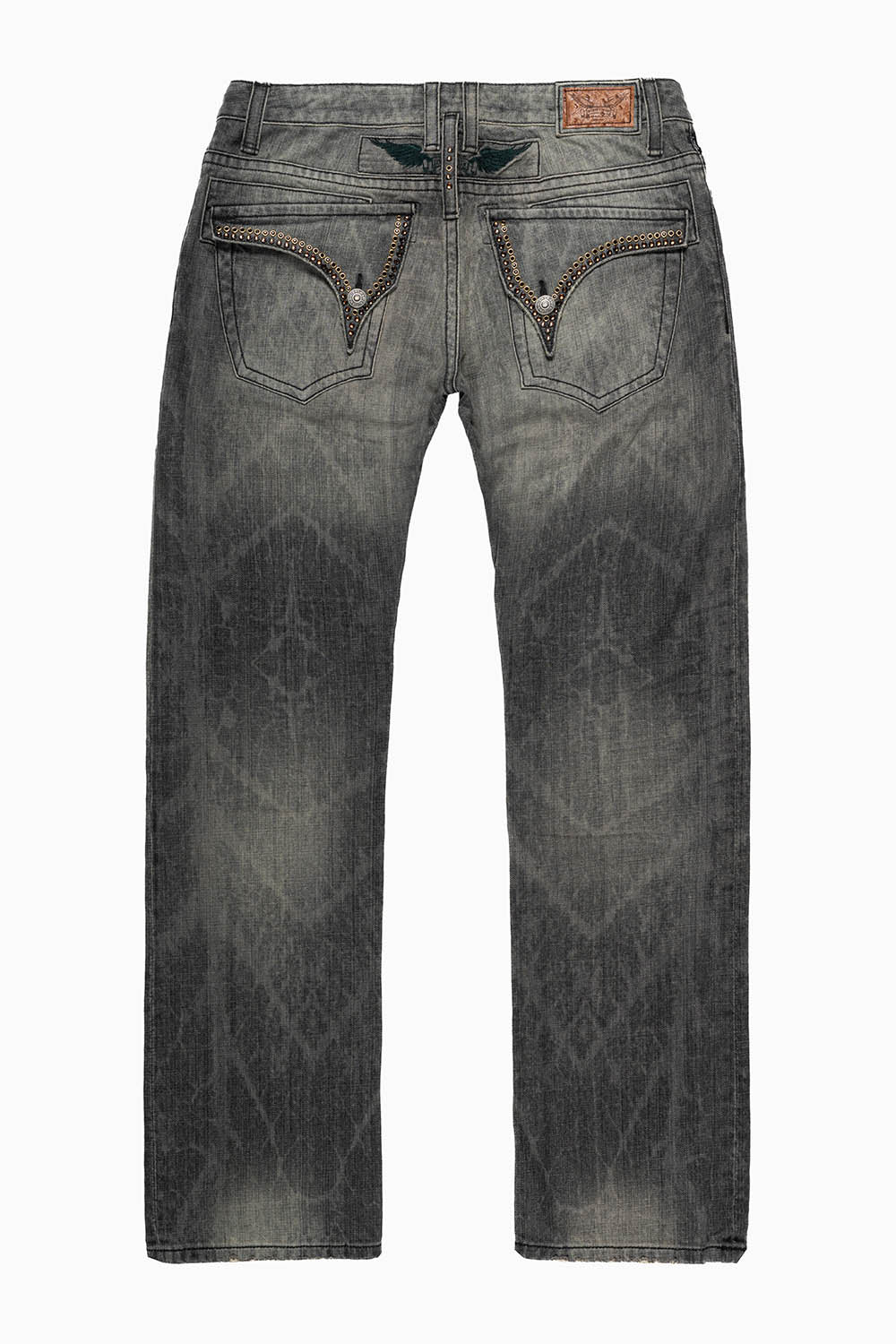 LONG FLAP STRAIGHT LEG JEANS WITH CRYSTALS  IN AZTECA CHARCOAL WASH