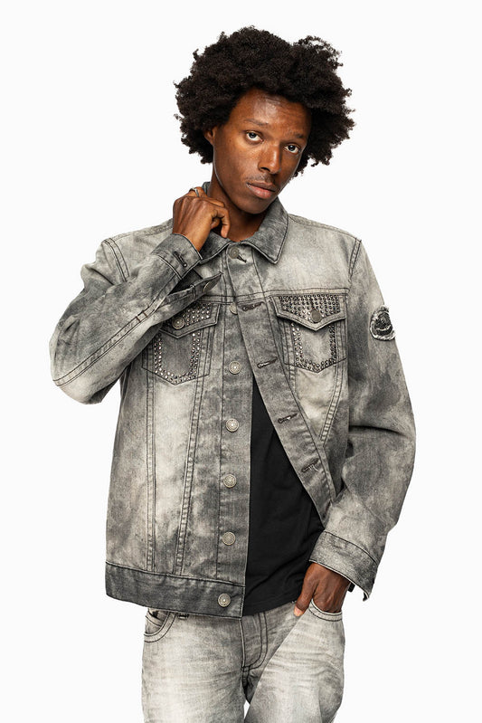 ROBINS MOTORCYCLE CLUB DENIM JACKET LIMITED EDITION IN GREY CHEROKEE WASH EMBELLISHED WITH CRYSTALS