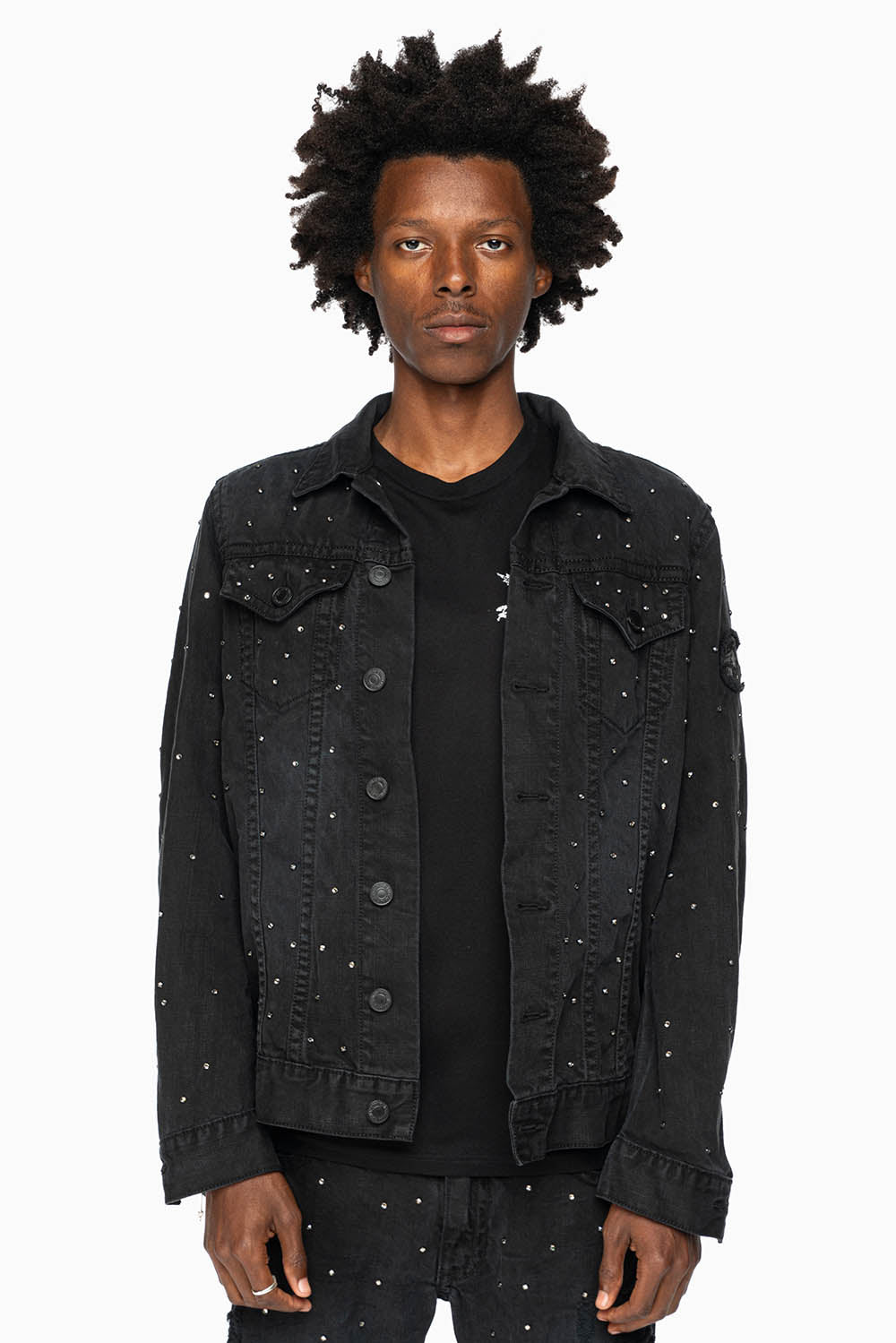 MOTORCYCLE CLUB DENIM JACKET IN VINTAGE BLK WASH WITH PATCHES  AND CRYSTALS