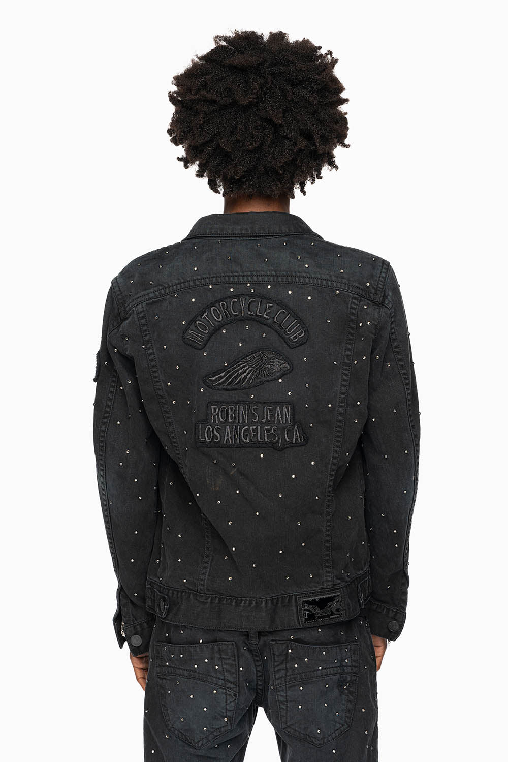 MOTORCYCLE CLUB DENIM JACKET IN VINTAGE BLK WASH WITH PATCHES  AND CRYSTALS