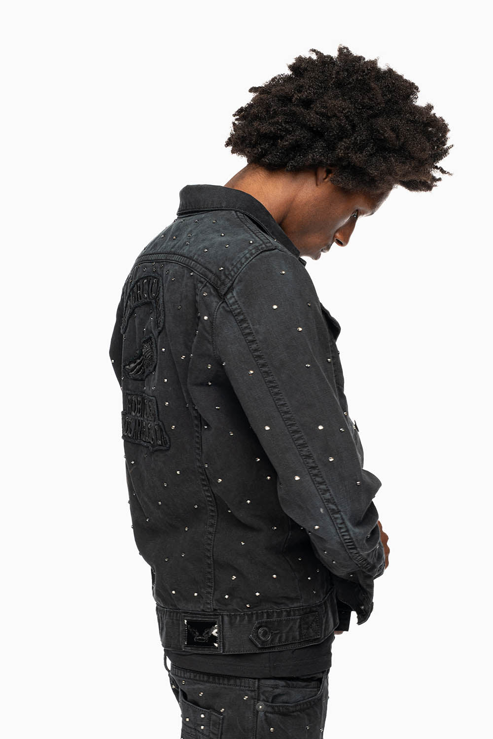 MOTORCYCLE CLUB DENIM JACKET IN VINTAGE BLK WASH WITH PATCHES  AND CRYSTALS