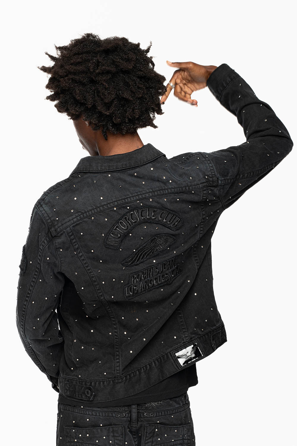 MOTORCYCLE CLUB DENIM JACKET IN VINTAGE BLK WASH WITH PATCHES  AND CRYSTALS