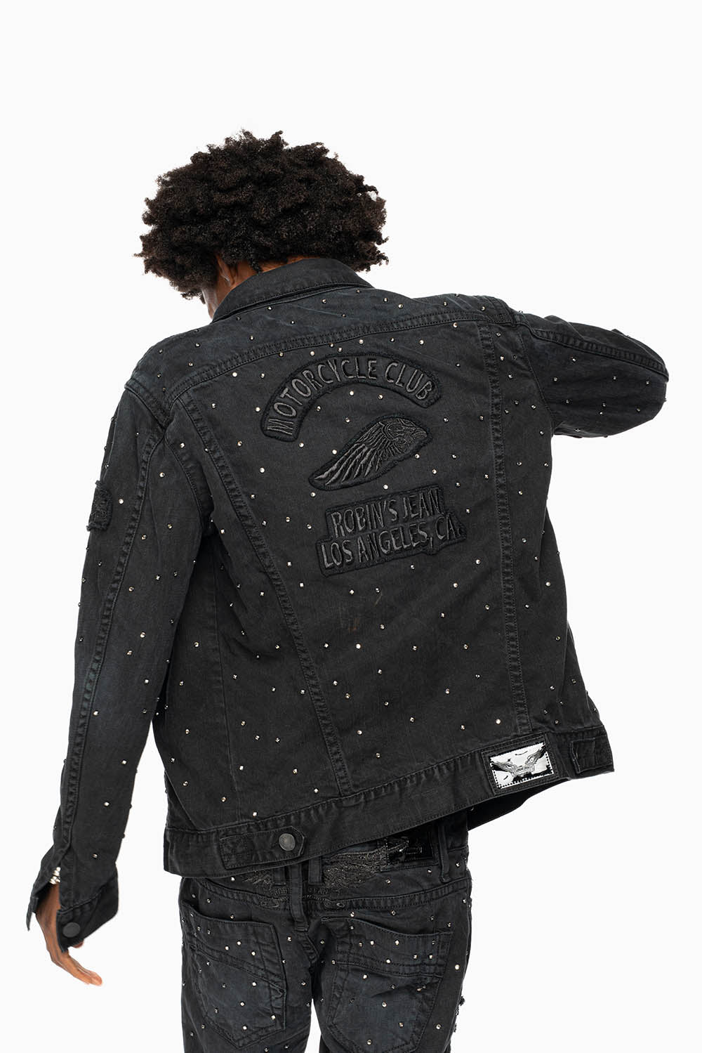 MOTORCYCLE CLUB DENIM JACKET IN VINTAGE BLK WASH WITH PATCHES  AND CRYSTALS