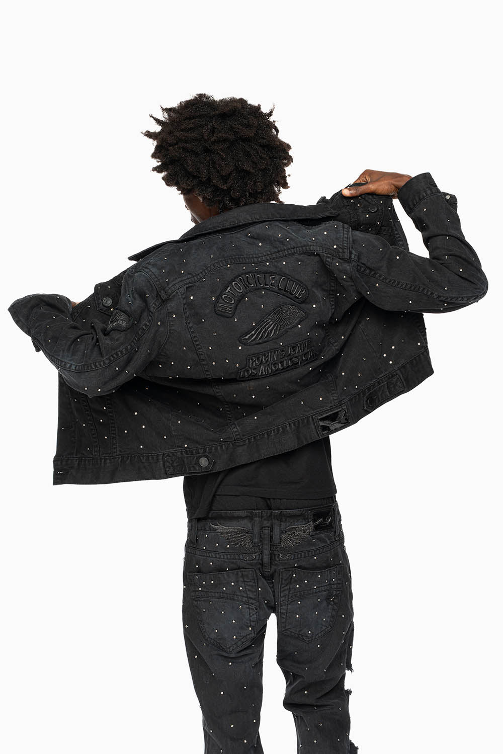 MOTORCYCLE CLUB DENIM JACKET IN VINTAGE BLK WASH WITH PATCHES  AND CRYSTALS