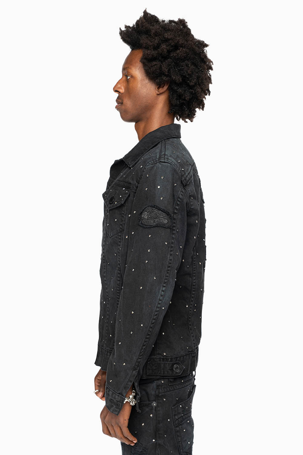 MOTORCYCLE CLUB DENIM JACKET IN VINTAGE BLK WASH WITH PATCHES  AND CRYSTALS