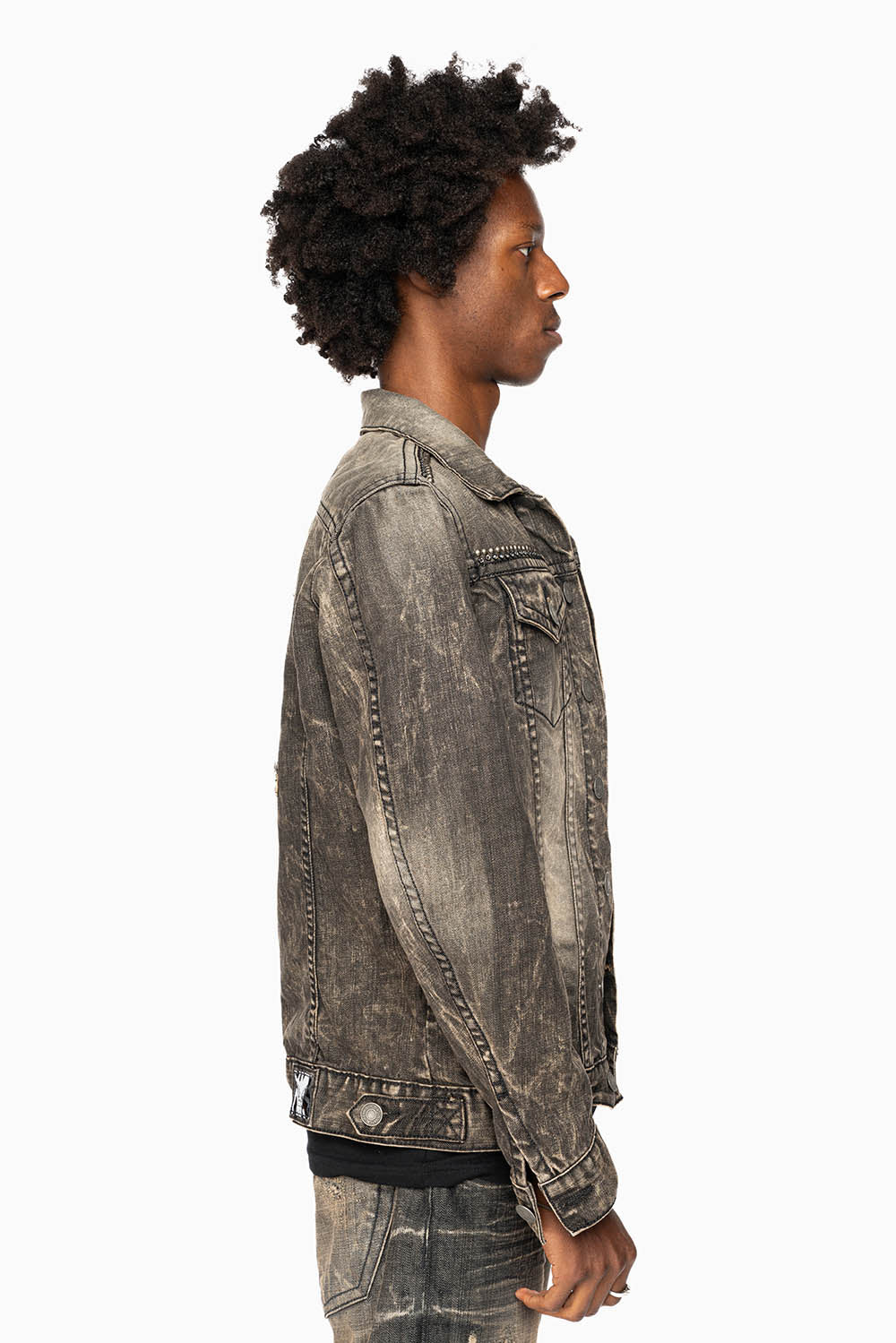 MOTORCYCLE CLUB DENIM JACKET IN MODOC WASH WITH PATCHES STUDS AND