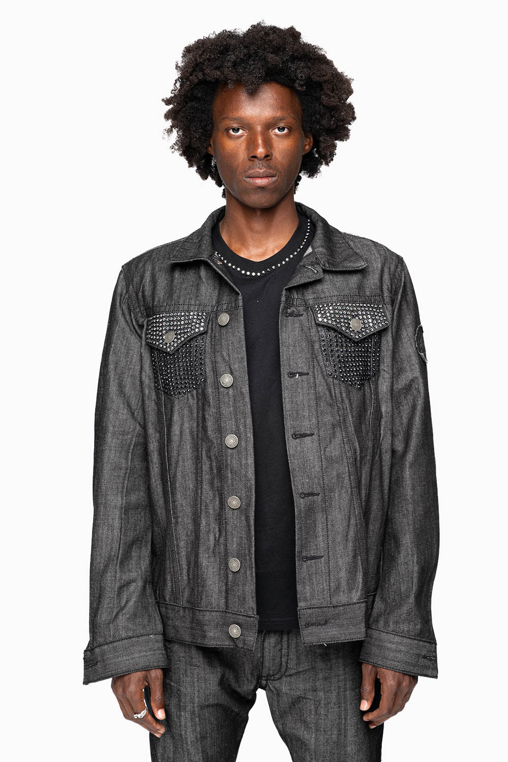 MOTORCYCLE CLUB DENIM JACKET IN BLK RAW DENIM WITH PATCHES STUDS AND CRYSTALS